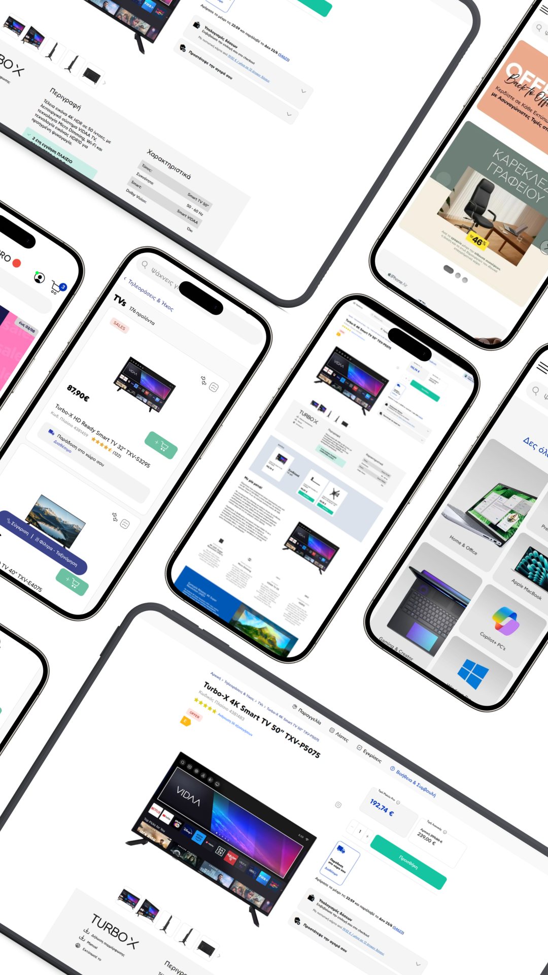 Mockup van het Plaisio Composable Commerce platform op desktop en mobiel, met productpagina en aanbiedingen